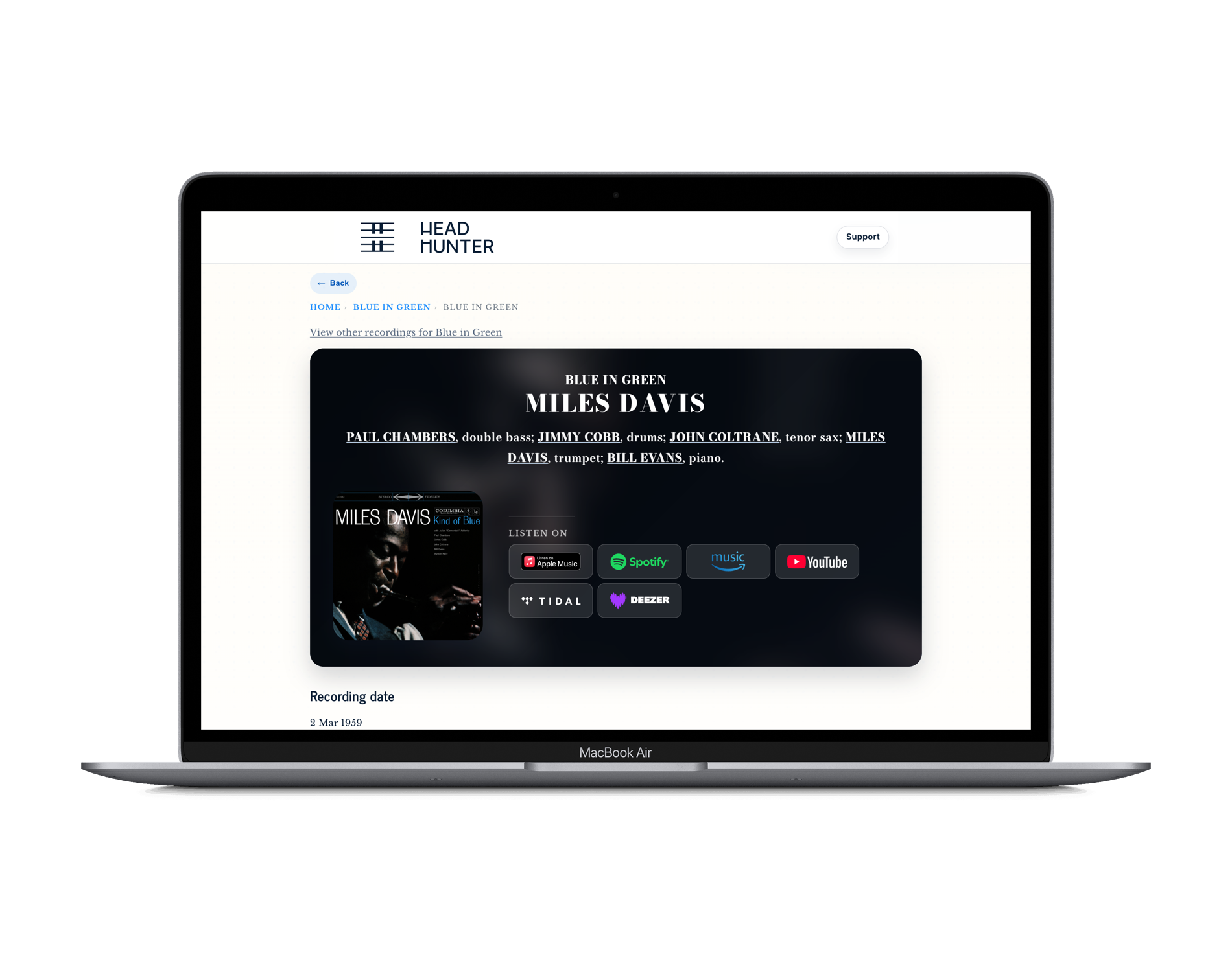 Head Hunter recording page framed in a MacBook Air, showing a blurred album artwork hero header, cover art, personnel, and listening links for Apple Music, Spotify, Amazon Music, YouTube, Tidal, and Deezer.