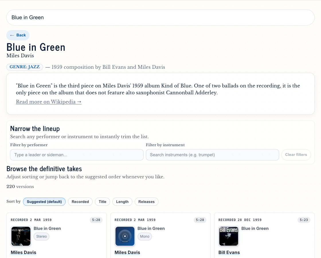 Head Hunter showing Blue in Green with recording filters, album artwork, sort controls, and a list of definitive takes.