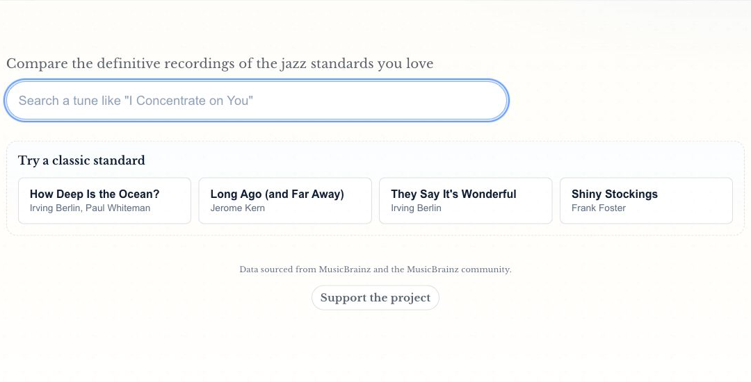 Head Hunter homepage with a search box and suggested jazz standards.