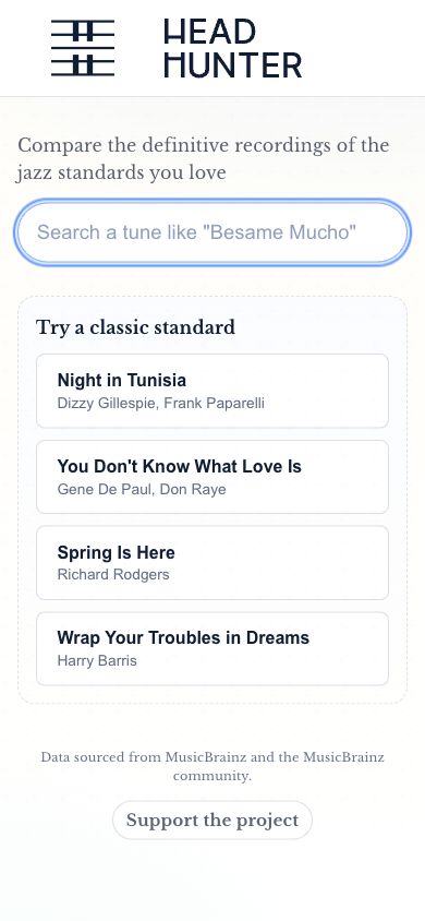 Head Hunter mobile homepage with the search workflow adapted to a narrow screen.