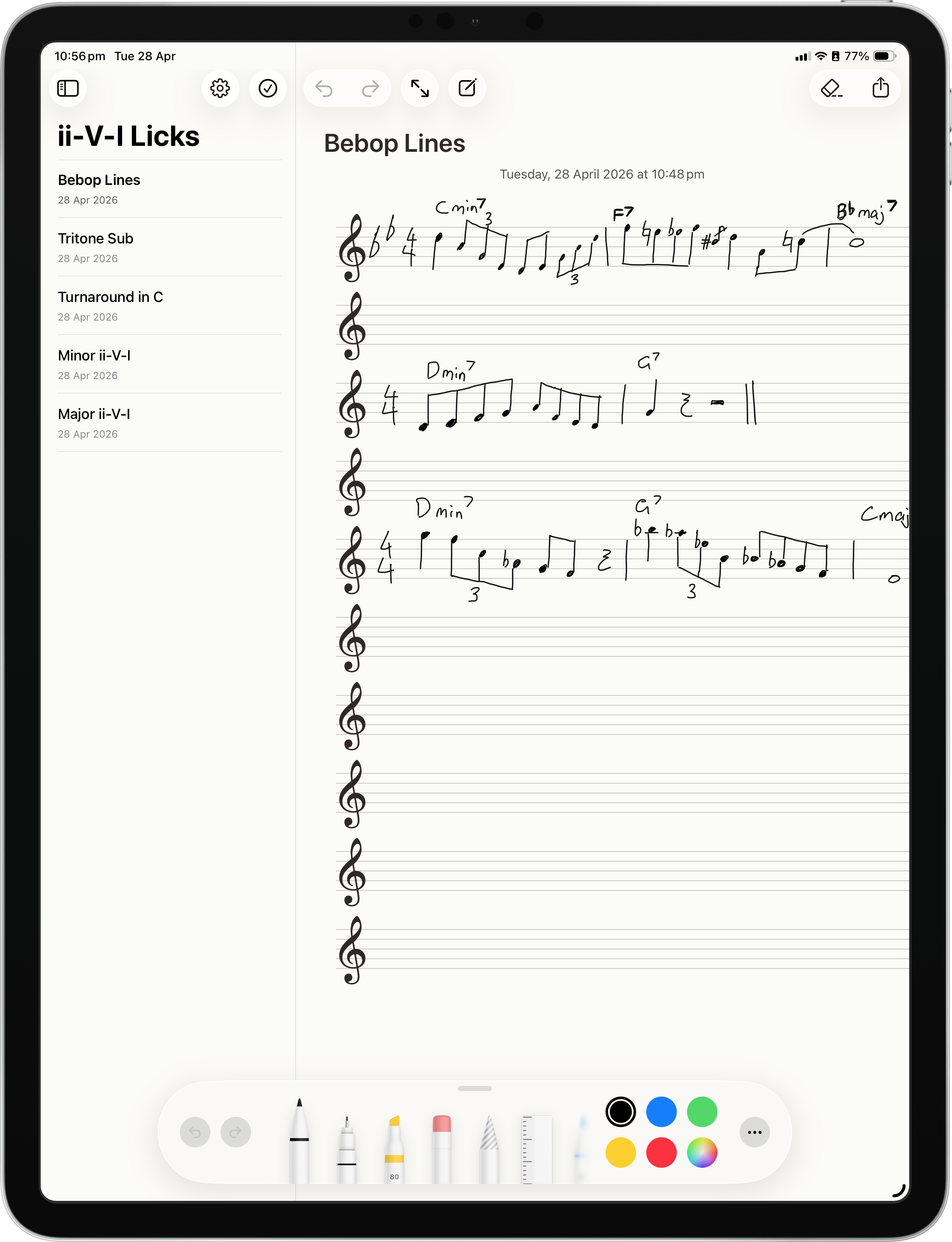 Passing Notes with Apple Pencil drawing tools open over a handwritten bebop lines page.