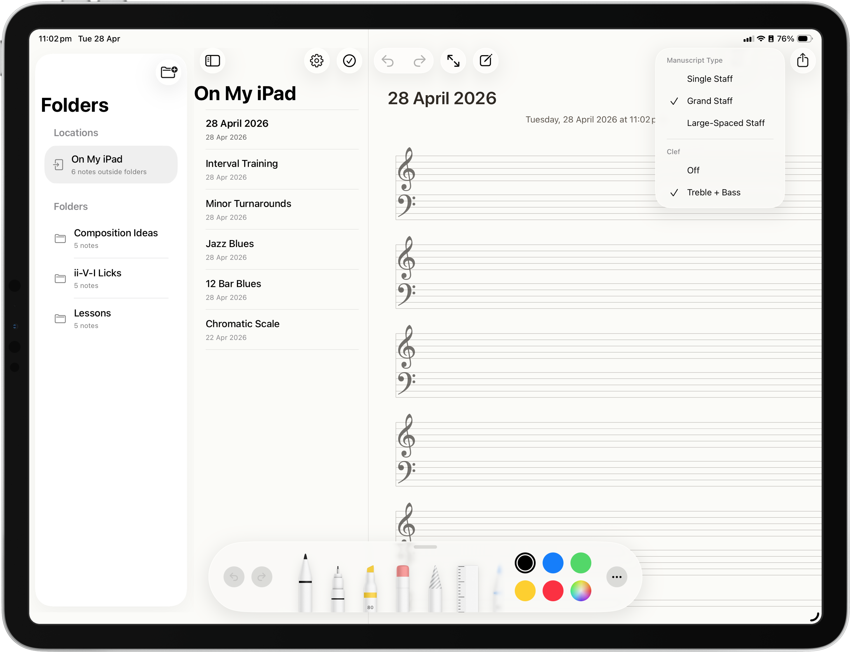 Passing Notes showing the manuscript type menu with grand staff selected.