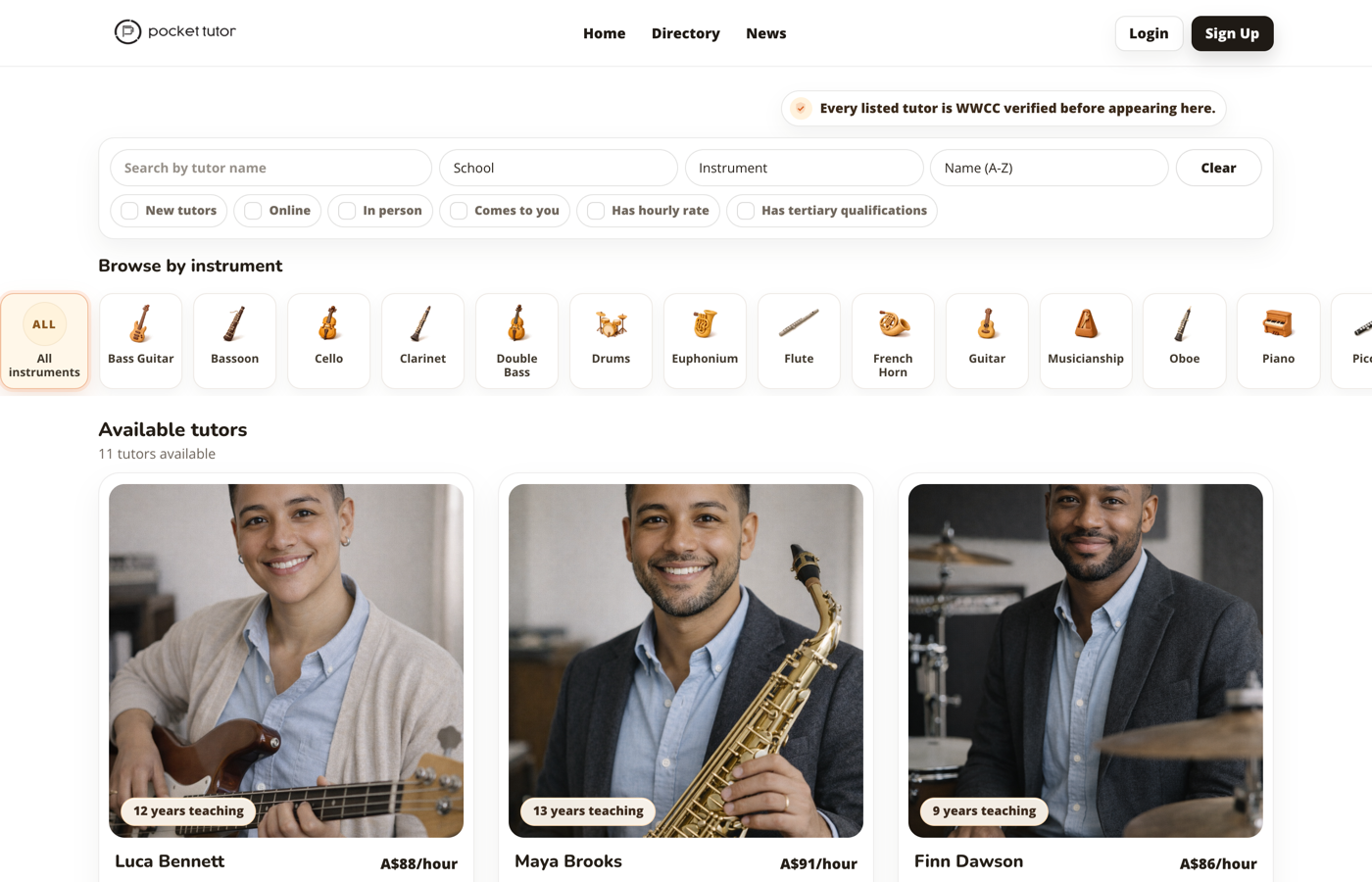 Pocket Tutor directory showing tutor search filters, instrument browsing, and available tutor cards.