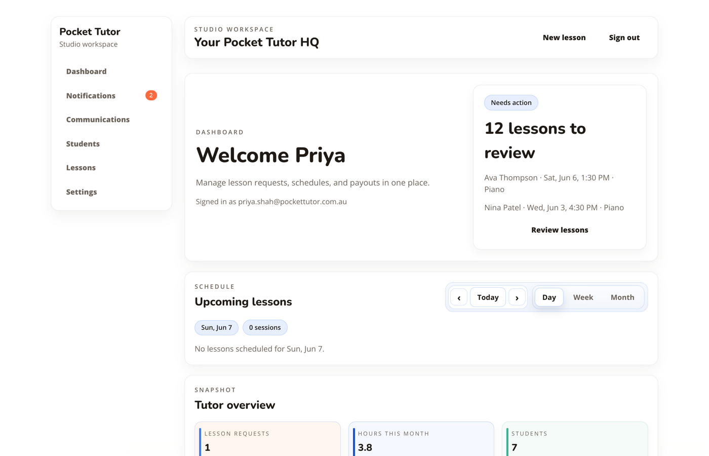 Pocket Tutor studio dashboard showing lesson review, upcoming lessons, and tutor overview panels.