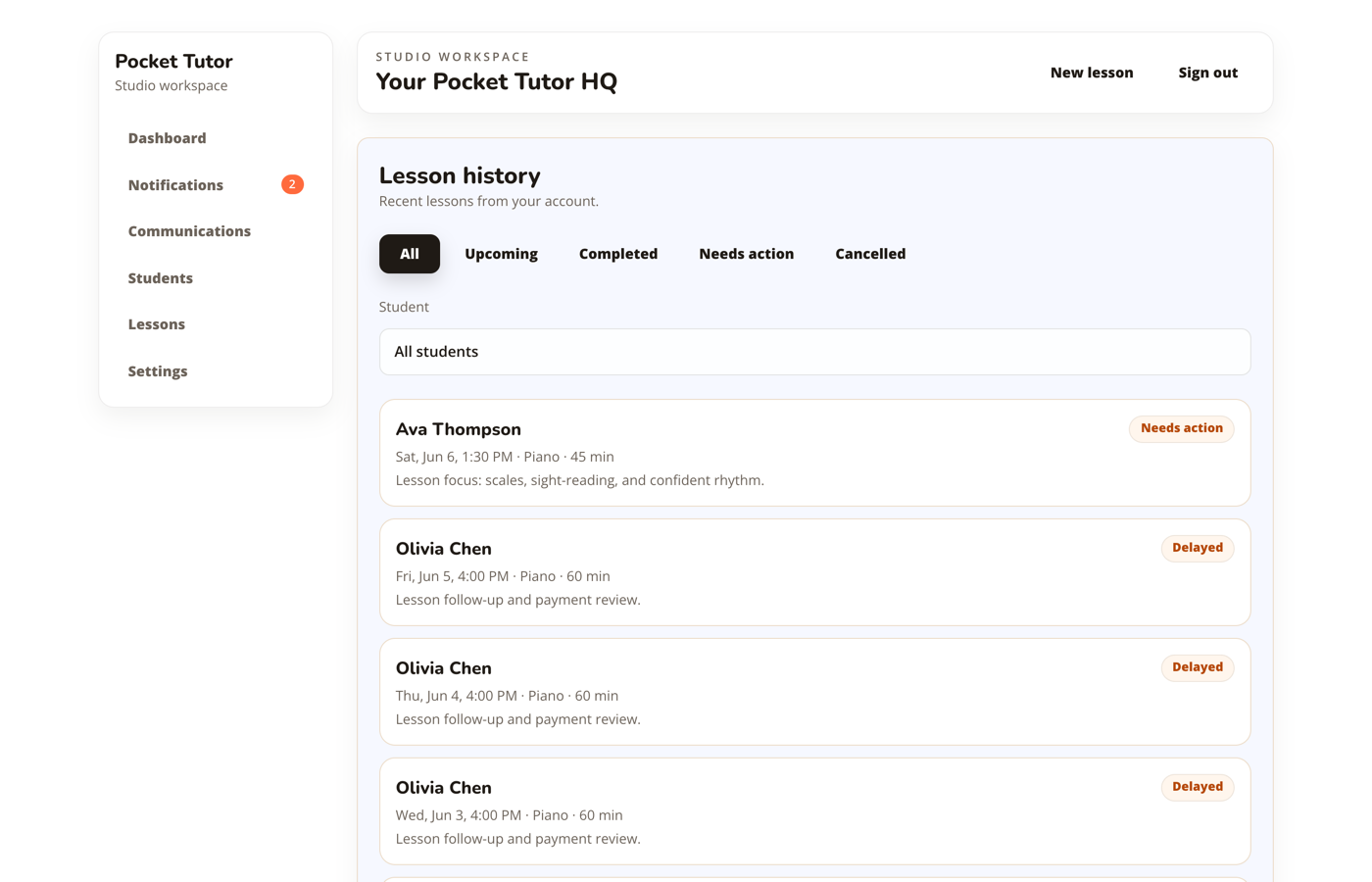 Pocket Tutor lesson history showing upcoming, completed, needs action, and cancelled lesson states.