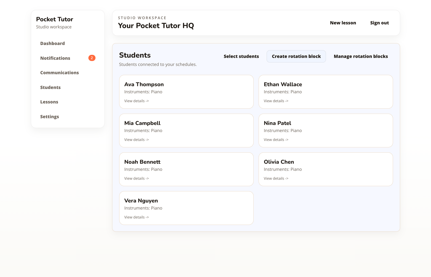 Pocket Tutor students screen showing connected students and rotation block controls.